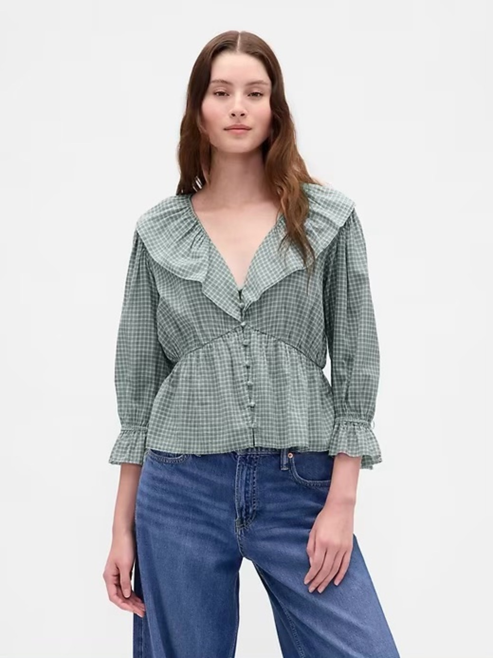 Gap Cottagecore Blue Plaid Ruffle Collar V-Neck Cotton Top